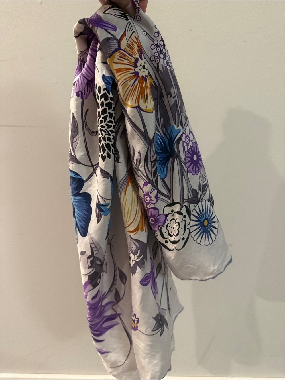 VINTAGE- Floral Bouquet Silk Square Scarf, White & Purple